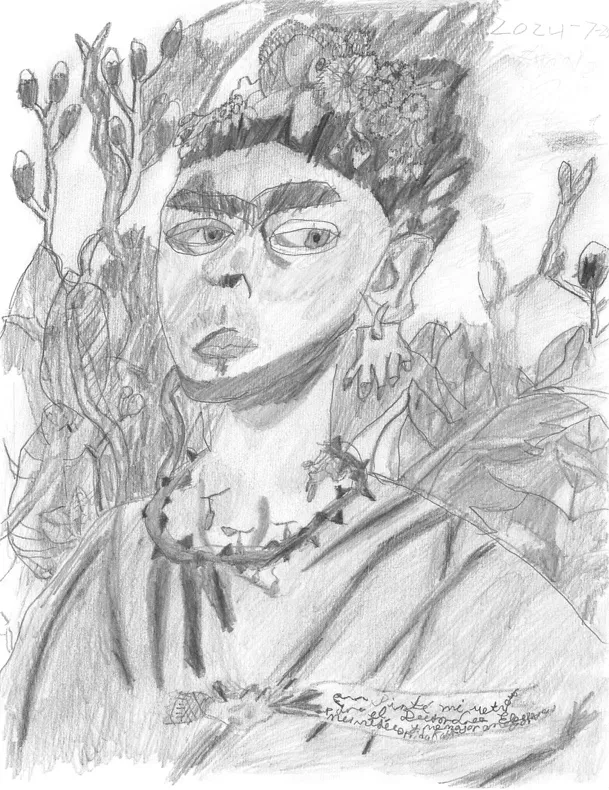 A near-identical Frida Kahlo Self Portrait with Thorn Necklace drawing